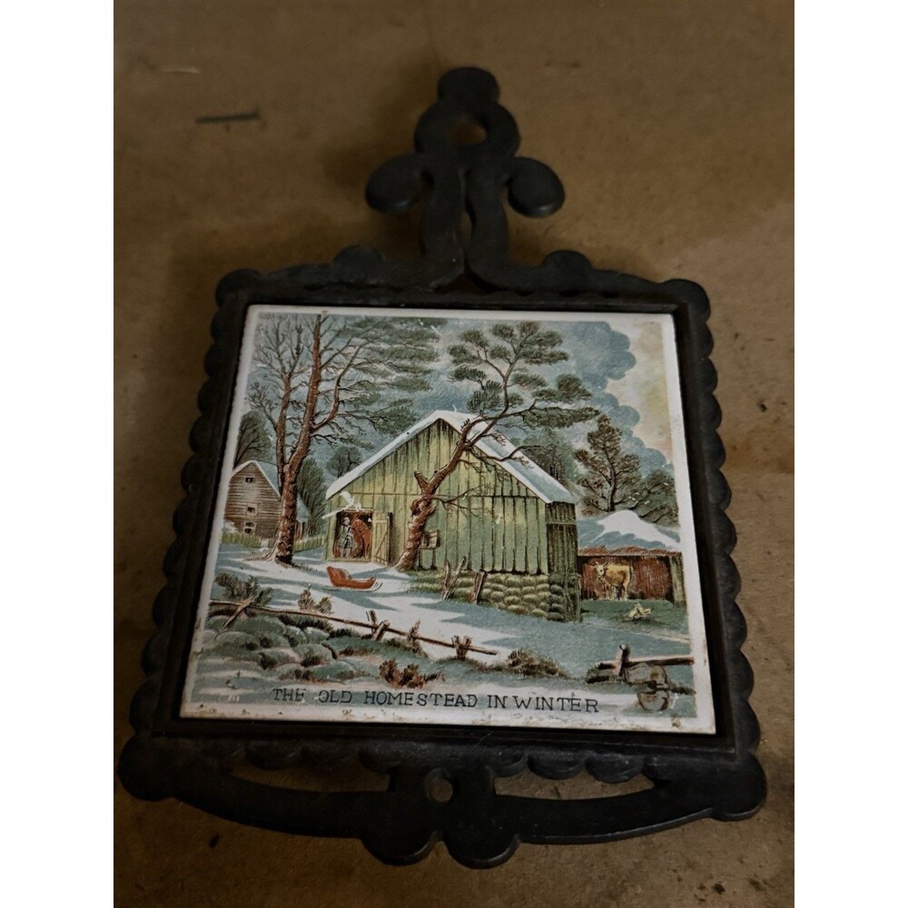 Vintage “The Old Homestead In Winter” Cast Iron & Tile Trivet